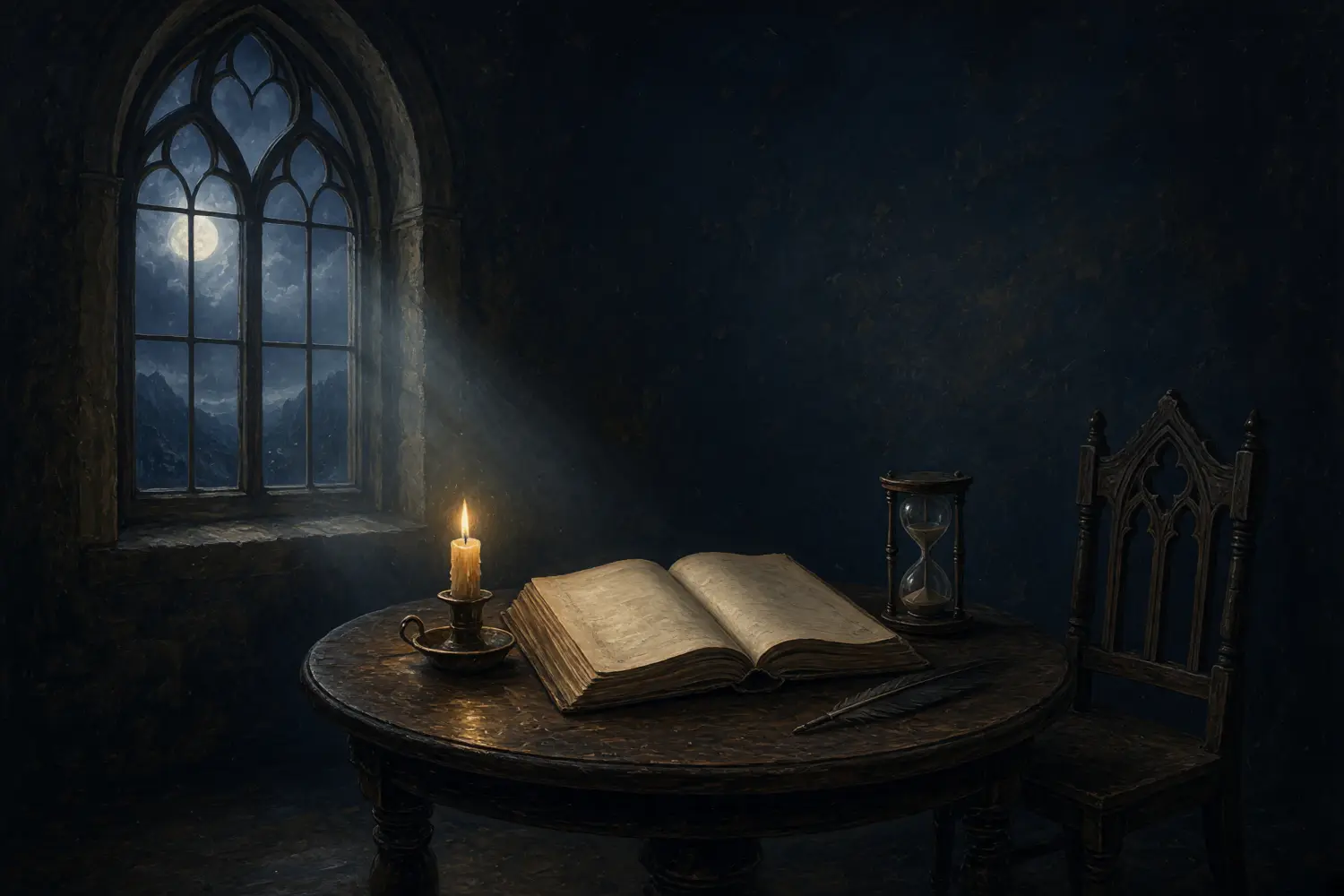 Een open boek, een kaars en een zandloper op een ronde tafel bij een boogvenster in het maanlicht